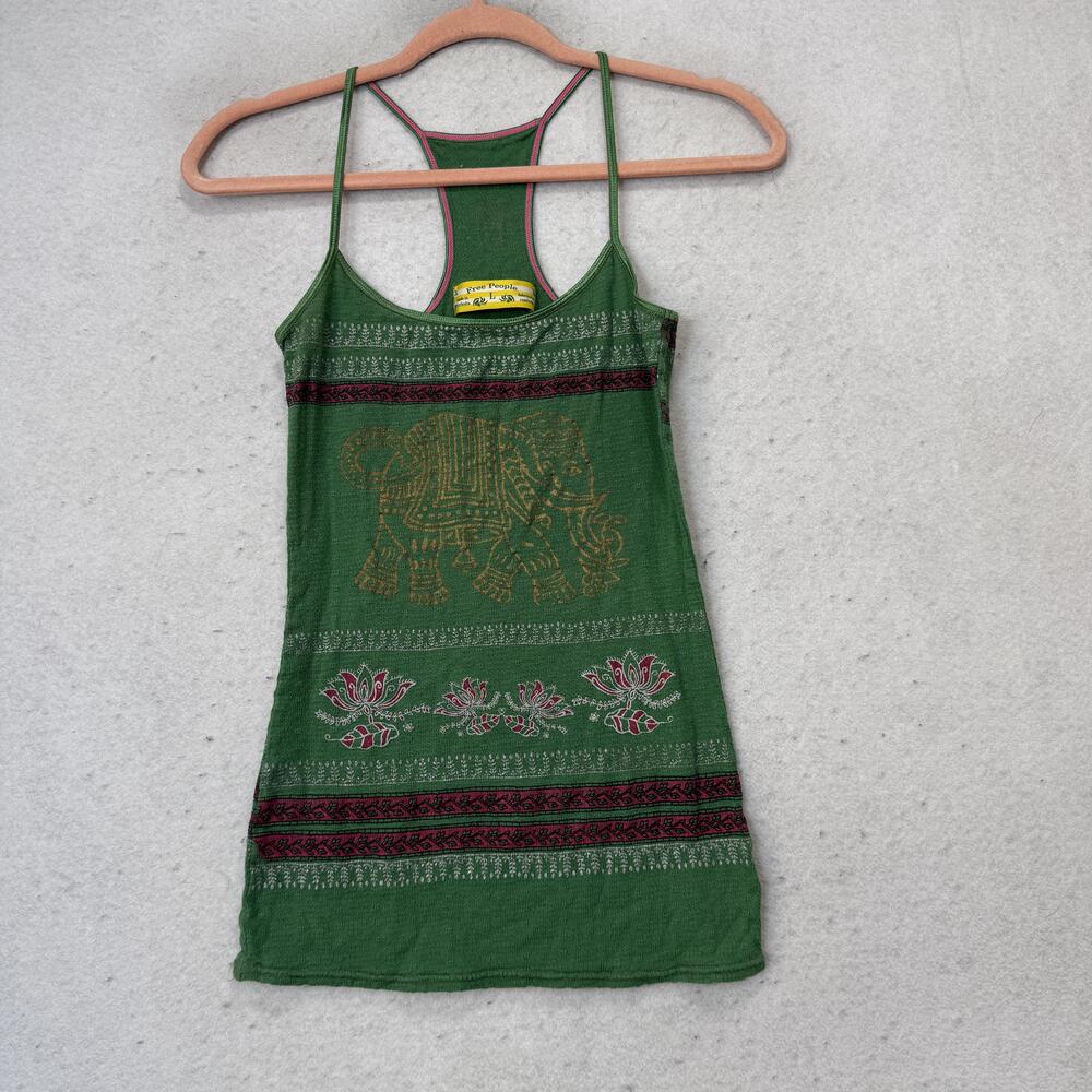 VTG Free People Tank Top Womens Large Green Elephant Floral Racerback Camisole